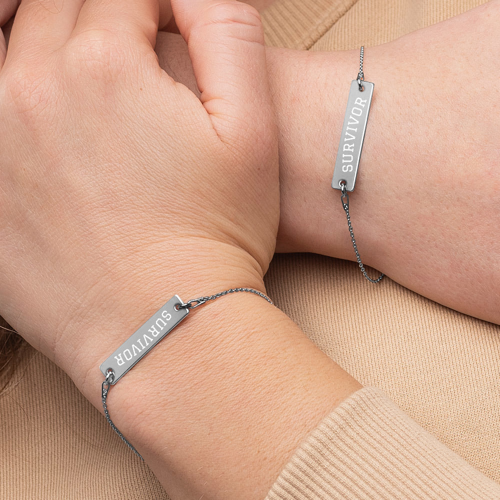 Survivor Engraved Silver Bar Chain Bracelet